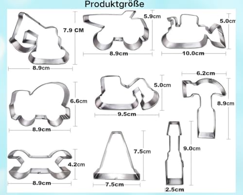 Foto von UKoosien Keksausstecher-Set, 9-teilig, Bagger, Bulldozer, Kipplaster, Hammerschlüssel, Bauwerkzeuge, Ausstechformen für Kinder, Baubagger, Motto-Party