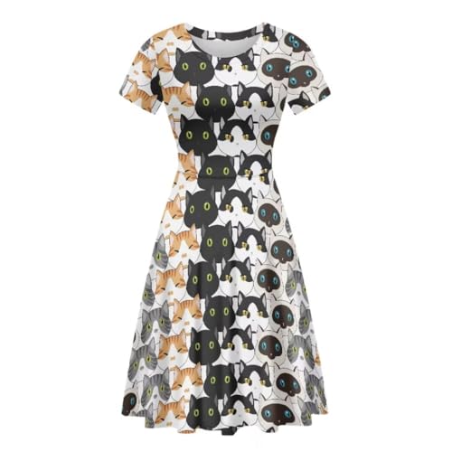 Allinterest Cartoon Cats Print Midi Dresses for Women Summer Beach Short Sleeve Crew Neck Loose Casual T-Shirt Dress with Knee Length — view 3
