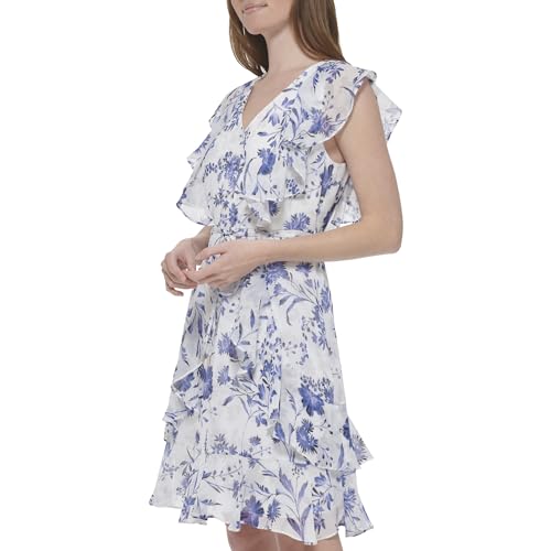 Image of Tommy Hilfiger Women's Sleeveless V-Neck Ruffle Trim Tie Waist Chiffon Mini Dress