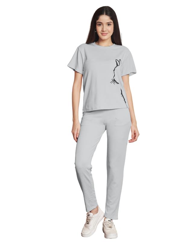 Image of DTR FASHION Polyester Blend Cat Sketch Print Tracksuit | Night Wear Suit For Women