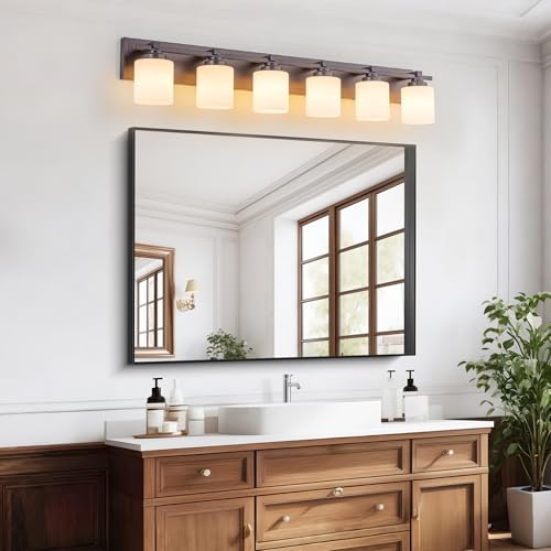BrkNit Modern Bathroom Light Fixtures Over Mirror, Vanity Lights for Bathroom Wall Sconces with Milky White Glass Shades, E26 Socket (Bulbs Not Included), 6 Light, Oil Rubbed Bronze by BrkNit - Image 2