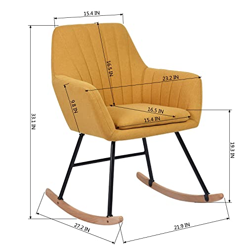 Furniutrer Rocking Accent Wooden And Metal Glider, Scandinavian Fabric Armchair Comfy Side Chair For Living Room Bedroom Studio Office Leisure Chait, Yellow #TOP1