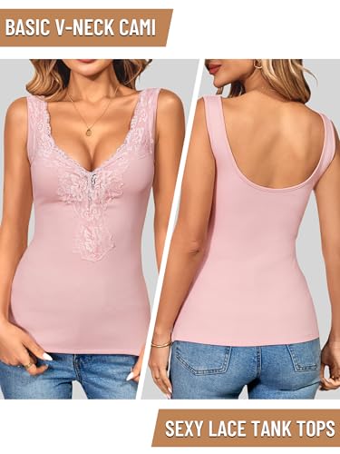 Image of Womens Lace Tank Top Sexy Deep V Neck Wide Strap Tops Fitted Basic Cami Shirts