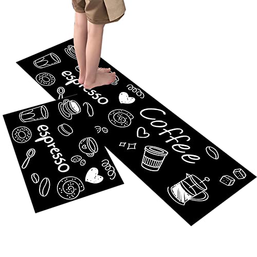 Trafagala Tapis Cuisine Antidérapant Lavable Devant Evier Tapis Entrée 3D impression Microfibre Doux Tapis de Porte(Noir，2PCS)