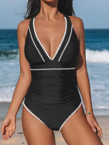 CUPSHE Women's One Piece Swimsuit V Neck Shell Stitched Bathing Suit Adjustable Crisscross Strappy Ruched Swimwear4