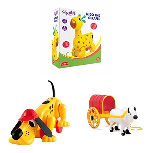 Image of Giggles Nico The Giraffe Pull Along Toy Head Bobs Tail Wags Walking & Funskool Digger The Dog Pull Along Toy & Giggles Bullock Cart 2 in Pull Along Toy