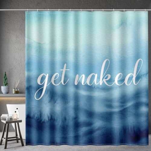 Image of Aimego Get Naked Shower Curtain Gradual Tie Dye Blue Ombre Funny Art Font Theme Shower Curtain Set with 12 Hooks for Bathroom Decor Accessories Bathtub Curtain, 72 inchx72 inch