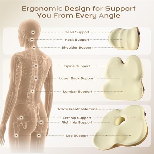 Image of Coverado Truck Seat Cushion and Lumbar Support Headrest Pillow Memory Foam Ergonomic Car Cushion Back Neck Support Pillow Sciatica & Back & Tailbone Pain Relief Car Cushions for Driving Coffee&Beige
