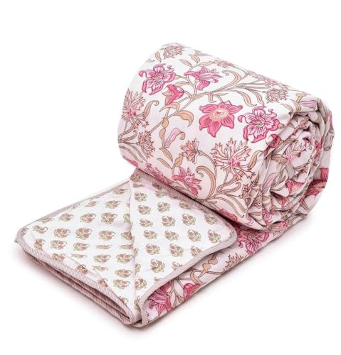 COZY FURNISH Summer Single Bed Blanket 144x220CM, Cooling Microfiber Cotton, Lightweight 150GSM AC Comforter, Soft Breathable Floral Print Quilt,Summe