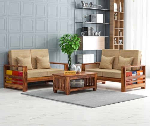 Image of Sheesham Wooden 4 Seater Sofa for Living Room | Rosewood 4 Seater Cushion Sofa with Side Rack | Solid Wood Sofa Set for Lounge (2+2,Honey)