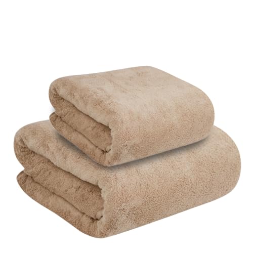 Image of Dribble Coral Fleece Microfiber Towel Set | Ultra Soft & Highly Absorbent Hand Towel + Bath Towel | 450 GSM Quick Dry Towels for Bathroom, Home, Gym & Travel (Pack of 2, Brown)