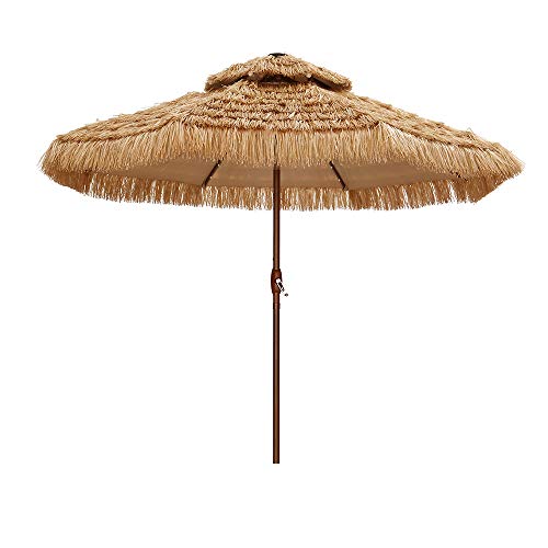 Ainfox 9 FT 2 Tiers Solar Hula Thatched Tiki Umbrella with LED Light