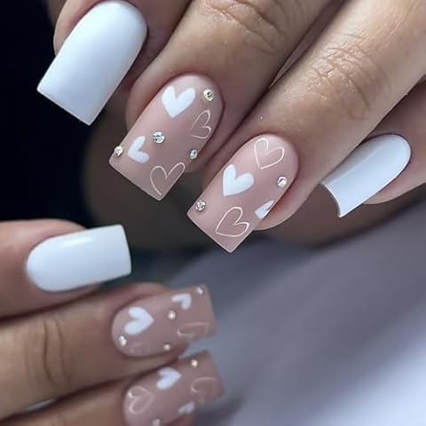 Valentine's Day Press on Nails Medium Square Fake Nails With White Heart Rhinestones Designs Valentines Day White False Nails Matte Full Cover Stick on Nails Romantic Artificial Nails for Women 24 Pcs Cover