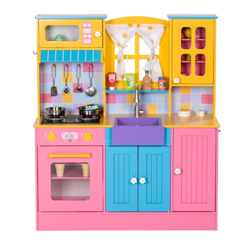 BRINJOY Kids Kitchen Playset, Wooden Pretend Play Kitchen for Kids w/Faucet, Sink, Stove, Oven, Curtains, Cookware, Storage Cabinets, Toddler Role Play Toy Kitchen Set Gift for Girls Boys Ages 3+