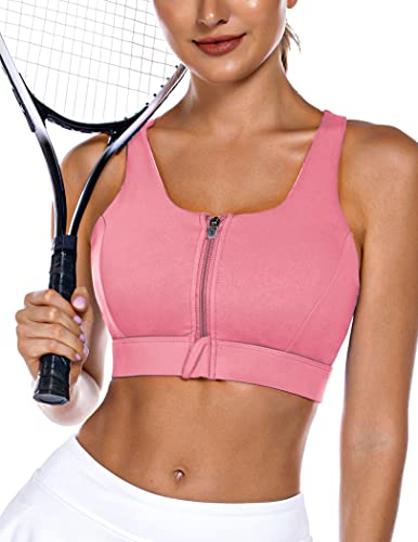 Sports Bra For Women Front Zip Yoga Tops Built In Bra Criss-Cross Back Sport Bra Tank Top With High Impact Support(Pinkl) Large #TOP2