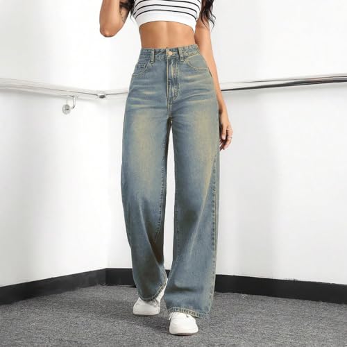 Image of Straight Leg Jeans for Women High Waisted Wide Leg Denim Pants