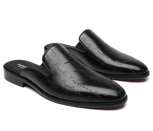 Image of Men's Loafers Backless Genuine Leather Brand Logo Embossed on The Upper Tabacco Mules Black Shoes US 10.5