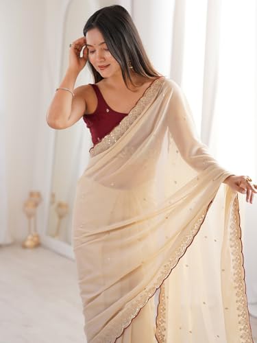 Image of AKHILAM Women's Shimmer Off White Georgette Sequence Embroidery Saree With Unstitched Blouse Piece