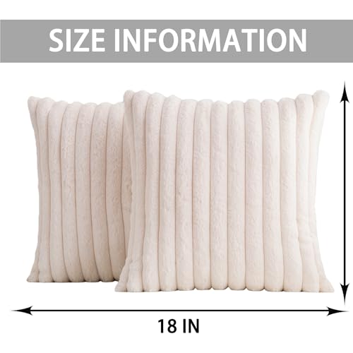 Pack of 2 Faux Fur Christmas Throw Pillow Covers 18x18 Inch, Soft Plush Striped Neutral Couch Pillow Cover, with Velvet Back Modern Home Decor for Sofa Living Room Couch Bed Cream White - Image 5