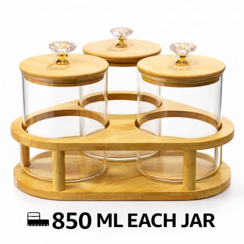 Image of 850ml Glass Storage Jar Set of 3 with Bamboo Stand & Wooden Lids | Airtight Kitchen Containers for Cookies, Dry Fruits, Snacks, Tea, Coffee | Countertop Organizer