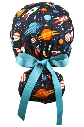 Image of Scrub Cap for Women and Men, Ponytail Scrub Caps, Working Hat, Head Cover with Ribbon Ties and Buttons, Long Hair