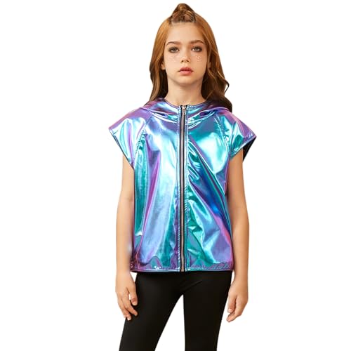 Jxstar Girls Metallic Hoodie Vest Kids Shiny Zip Up Outfit Sleeveless Disco Shirt with Pocket