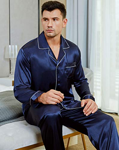 Image of Lonxu Pajamas Set Mens Silk Satin Pajamas Long Sleeve Loungewear Two-Piece Sleepwear Button-Down Pj Set S-XXXXL