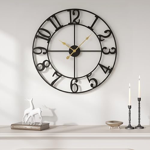 Large Wall Clock, 20 Inch Black Decorative Wall Clock for Living Room, Modern Metal Battery-Operated Arabic Numerals Round Clocks Silent Non Ticking for Kitchen Mantel Bedroom Office