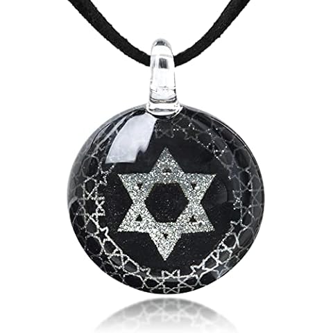 CHUVORA Hand Blown Glass Black Silver Star of David Round Pendant Necklace, 117-19 inches Cover