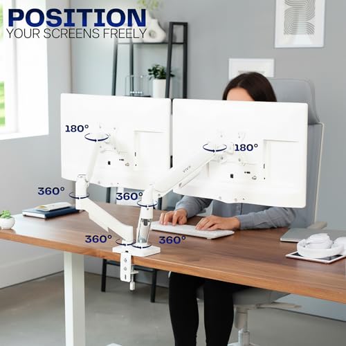 Image of VIVO Dual Monitor Stand, Fully Adjustable Arms for 17 to 32 inch Screens, Mechanical Articulating Desk Mount, Gaming and Office Setups, VESA 75x75, 100x100, Max 19.8 lbs, Classic, White, STAND-V002OW