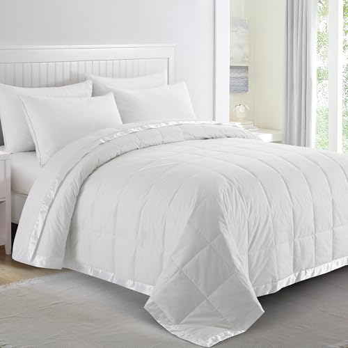 puredown® Blankets Queen Size - Soft Lightweight Down Blanket for Bed, Cozy Warm Luxury Bed Blanket with Satin Trim, White (90'X90')