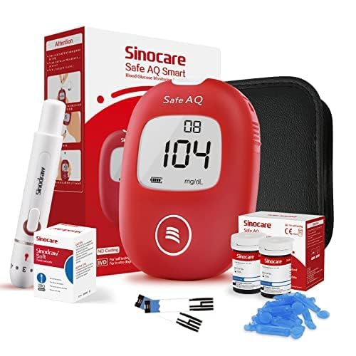 Sinocare Medidor Glucosa en Sangre, 50 x Tiras Kit Prueba Glucosa en Sangre, Prueba Glucosa en Sangre - mg/dL (Safe AQ Smart) Certificado ClimatePartner