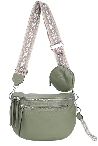 irisaa Umhängetasche Damen Crossbody Bag, 3 in 1 Schultertasche, Bauchtasche mit Reißverschluss und Verstellbarem breitem Gurt, Handtasche für Männer Frauen, DKB Farbe:Grün Doppel