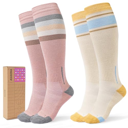 Jeasona Womens Cotton Compression Socks 15-20 mmHg Cute Stylish Knee-High Support Socks for Nurses Travel Pregnancy and Flying Pink & BeigeL-XL