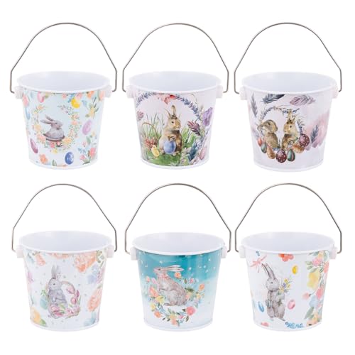 de Pascua Favor Bucket - 6 Piezas Conejo Patrón Contenedor, de chocolate de metal con mango | Mini Pails para niños Pascua de Primavera Favores Candy Chocolates Caza de huevos