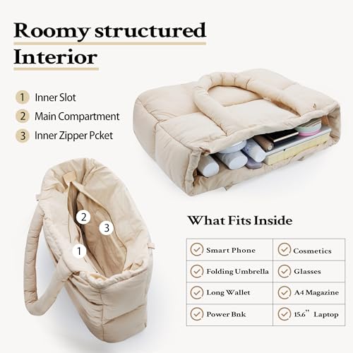 Image of Puffer Tote Bag for Women, Quilted Shoulder handbag for Travel, Work, Gym | nylon lightweight bag, waterproof, cloudy, zipper, compartments, nurse bag, adjustable crossbody strap