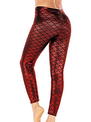 Alaroo Spandex Mermaid Print Scale Leggings for Women Red M
