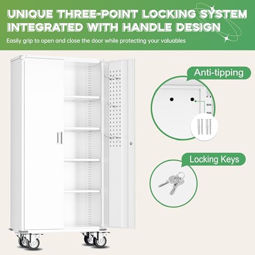 Image of INTERGREAT Rolling Metal Cabinet with Wheels,72 inch Locking Storage Cabinet with Adjustable Shelves,Large Capacity Pulley Cabinets for Home Office,School,Garage(White)