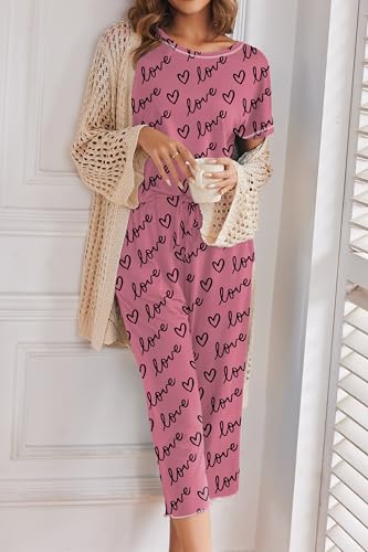 Image of Ekouaer Women's Capri Pajama Sets Print Short Sleeve Sleepwear Top and Capri Pants Soft Loungewear with Pocket