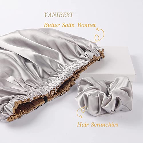 Image of GO WELL Satin Silk Bonnet for Hair with 3 Satin Scrunchies, Satin Bonnet for Curly Hair, Reversible Silk Hair Cap for Sleeping, Adjustable Satin Hair Bonnet, Satin Hair Wrap (Brown)