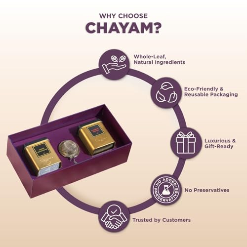 Image of CHAYAM Tea Gift Set with Infuser | 2 Loose Leaf Tins - Kashmiri Kahwa & Ginger Lemongrass (50g Each) | Soothing Green & Herbal Fusion | Tea Gift Pack for Tea Lovers | Wedding, Anniversary & Birthday Gift