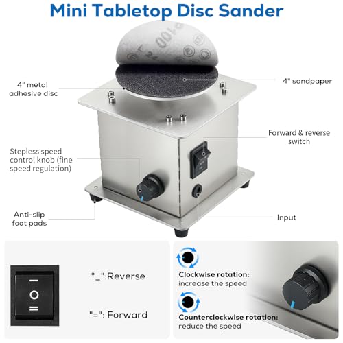 Image of Mini Tabletop Disc Sander, 4 inch Electric Bench Sanding Machine with 20 Sandpapers, Stepless Speed Control 0-6000 RPM, Forward /Reverse Switch, DIY Woodworking & Craft Tool