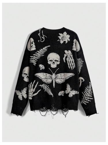 Image of WDIRARA Women's Goth Cartoon Pattern Sweater Knit Pullover Top | Long Sleeve, Crewneck