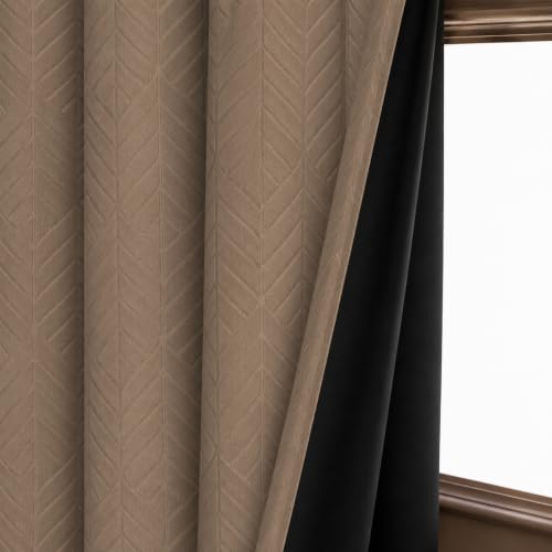 Image of LINENWALAS 100% True Blackout Window Curtains 6 Feet Set of 2 |Embossed Herringbone Leaf Design|Room Darkening Curtain |Thermal Insulated Curtains for Living Room, Bedroom (6 Feet, Light Brown)