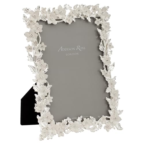 Image of Addison Ross FR1654 , Wedding Photo Frame, 4x6, Enamel & Diamante Silver Leaf & Cream Flower, 4 x 6 Inches