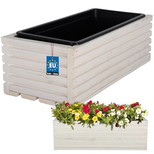 KOTARBAU® Blumenkasten aus Holz 44x20cm mit Innentopf Balkonkasten Weiß Balkontopf Blumentopf Pflanzkübel Holzblumentopf Blumenkasten Blumenkübel Outdoor Balkon Garten Terrassen Kasten mit Einsatz