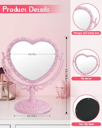 Espejo de maquillaje giratorio doble rosa con soporte miniatura 2