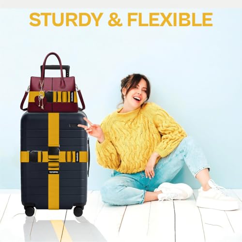 Image of 4 Pack Luggage Straps, Adjustable Suitcase Belts 72 inch x 2 inch with Quick Release Buckle, Durable Travel Accessories for Secure Luggage and Easy Identification (Yellow)