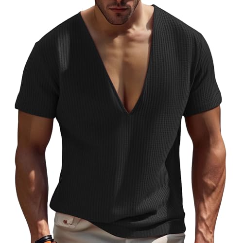 Muscle Shirts for Men Texture Deep Vneck Short Sleeve Tshirts Stretch Breathable Outdoor Running Workout Sweatshirts2