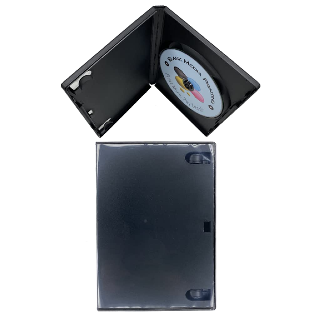 Lot de 100 boîtiers DVD noirs avec dos de 14 mm et pochette extérieure pour incrustation. Ces boîtiers peuvent contenir un CD, un DVD ou un Blu-ray.